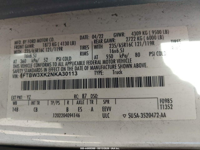 44988369 :رقم المزاد ، 1FTBW3XK2NKA30113 vin ، 2022 Ford E-transit-350 Cargo Van مزاد بيع