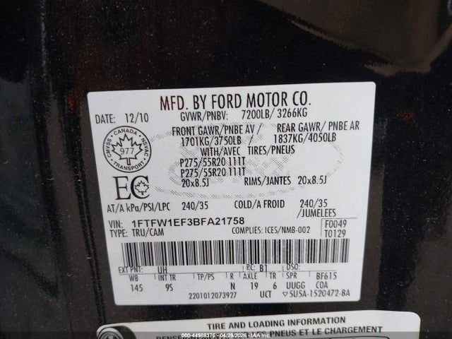 Продажа на аукционе авто 2011 Ford F-150 Platinum, vin: 1FTFW1EF3BFA21758, номер лота: 44988375