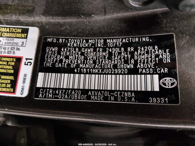 Aukcja sprzedaży 2018 Toyota Camry Le, vin: 4T1B11HKXJU029920, numer aukcji: 44988382
