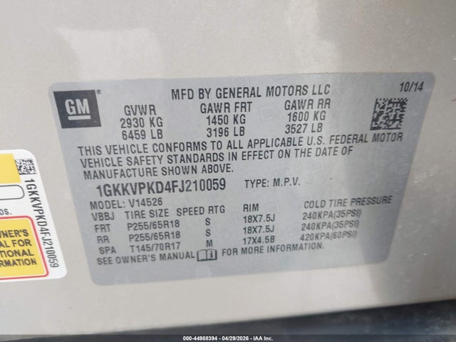 Продажа на аукционе авто 2015 Gmc Acadia Sle-2, vin: 1GKKVPKD4FJ210059, номер лота: 44988394