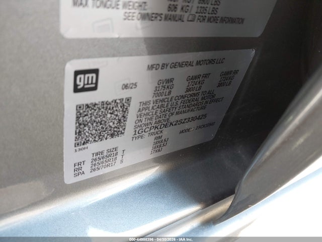44988396 :رقم المزاد ، 1GCPKDEK2SZ330425 vin ، 2025 Chevrolet Silverado 1500 4wd  Standard Bed Lt مزاد بيع
