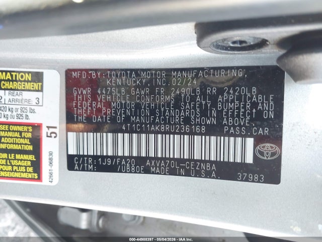 Продаж на аукціоні авто 2024 Toyota Camry Le, vin: 4T1C11AK8RU236168, номер лоту: 44988397