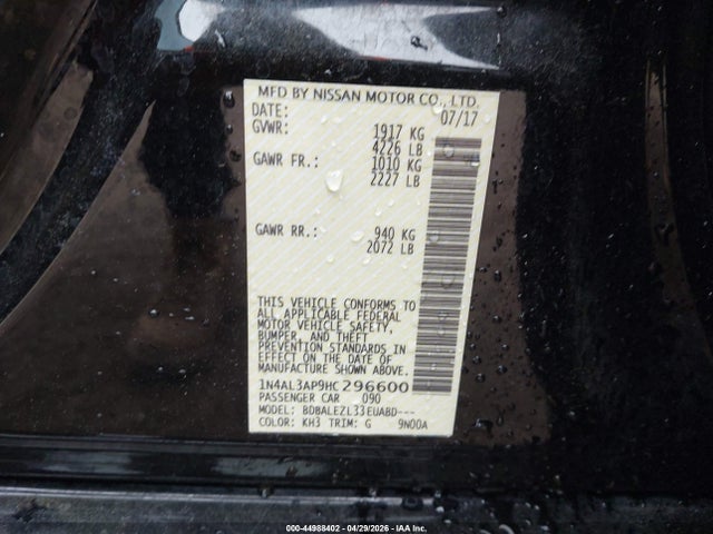 2017 Nissan Altima 2.5 S მანქანა იყიდება აუქციონზე, vin: 1N4AL3AP9HC296600, აუქციონის ნომერი: 44988402