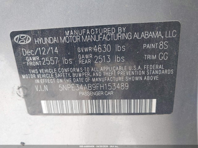 2015 Hyundai Sonata Limited 2.0t მანქანა იყიდება აუქციონზე, vin: 5NPE34AB9FH153489, აუქციონის ნომერი: 44988406