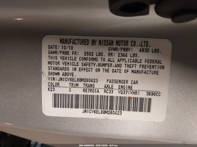44988409 :رقم المزاد ، JN1CV6EL6BM260423 vin ، 2011 Infiniti G37x مزاد بيع