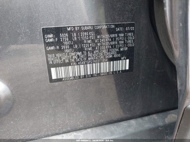 2022 Subaru Outback Touring Xt მანქანა იყიდება აუქციონზე, vin: 4S4BTGPD1N3271894, აუქციონის ნომერი: 44988413