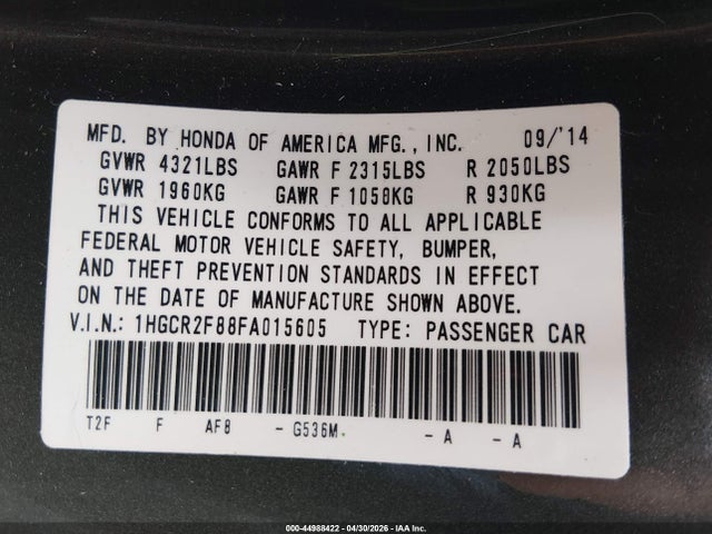 2015 Honda Accord Ex-l მანქანა იყიდება აუქციონზე, vin: 1HGCR2F88FA015605, აუქციონის ნომერი: 44988422