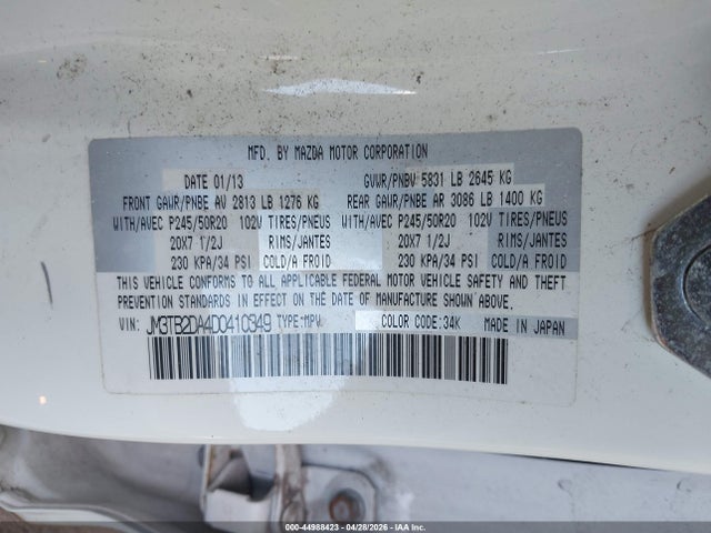 2013 Mazda Cx-9 Grand Touring მანქანა იყიდება აუქციონზე, vin: JM3TB2DA4D0410349, აუქციონის ნომერი: 44988423