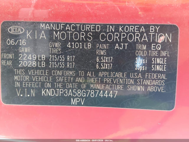 44988434 :رقم المزاد ، KNDJP3A58G7874447 vin ، 2016 Kia Soul + مزاد بيع