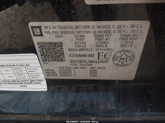 44988437 :رقم المزاد ، 3GTU9FEL3MG114430 vin ، 2021 Gmc Sierra 1500 Denali مزاد بيع