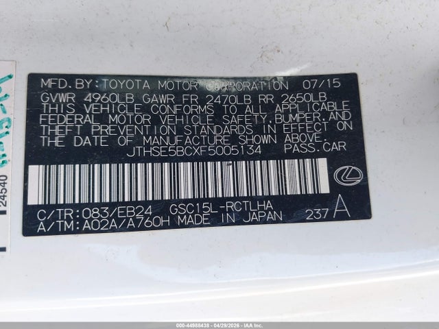 Aukcja sprzedaży 2015 Lexus Rc 350, vin: JTHSE5BCXF5005134, numer aukcji: 44988438