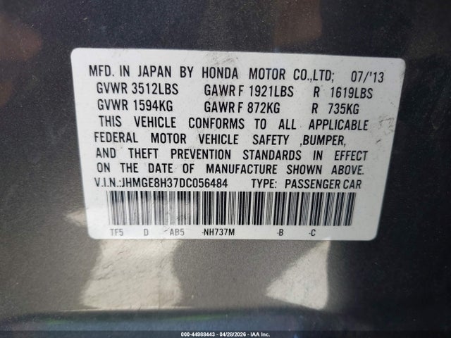 2013 Honda Fit მანქანა იყიდება აუქციონზე, vin: JHMGE8H37DC056484, აუქციონის ნომერი: 44988443