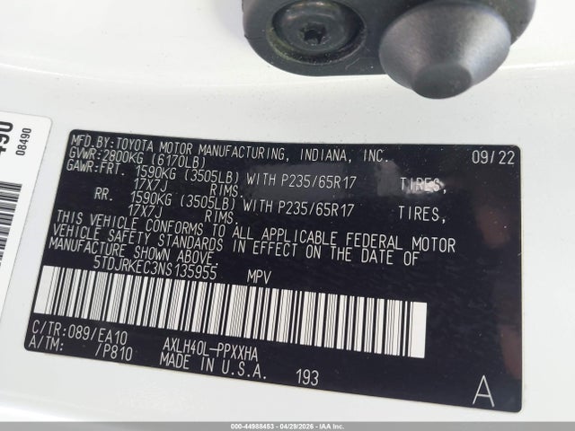 5TDJRKEC3NS135955 Toyota SIENNA XLE