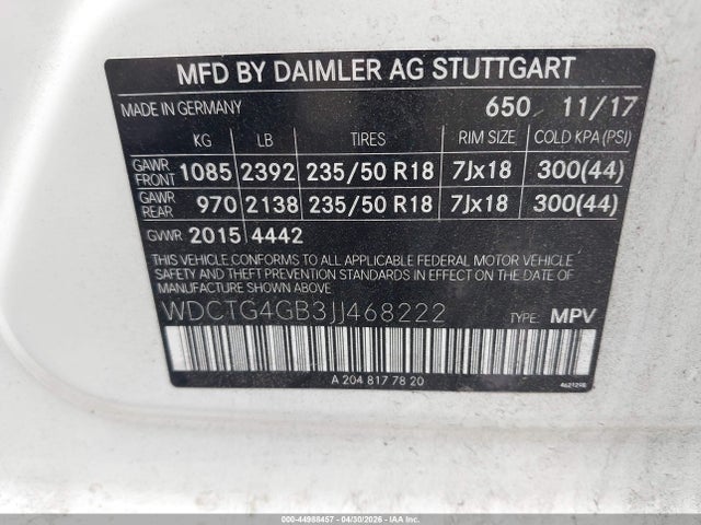 Aukcja sprzedaży 2018 Mercedes-benz Gla 250 4matic, vin: WDCTG4GB3JJ468222, numer aukcji: 44988457
