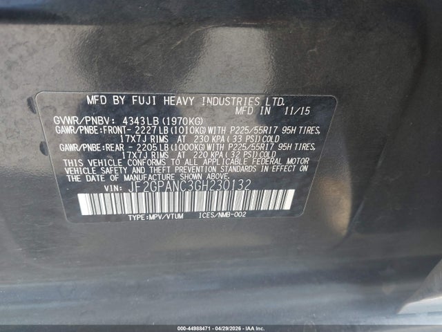 2016 Subaru Crosstrek 2.0i Limited მანქანა იყიდება აუქციონზე, vin: JF2GPANC3GH230132, აუქციონის ნომერი: 44988471