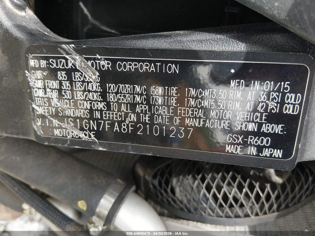 Продажа на аукционе авто 2015 Suzuki Gsx-r600, vin: JS1GN7FA8F2101237, номер лота: 44988478