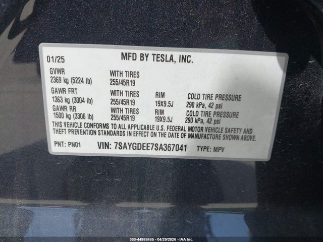 2025 Tesla Model Y Long Range Dual Motor All-wheel Drive მანქანა იყიდება აუქციონზე, vin: 7SAYGDEE7SA367041, აუქციონის ნომერი: 44988485