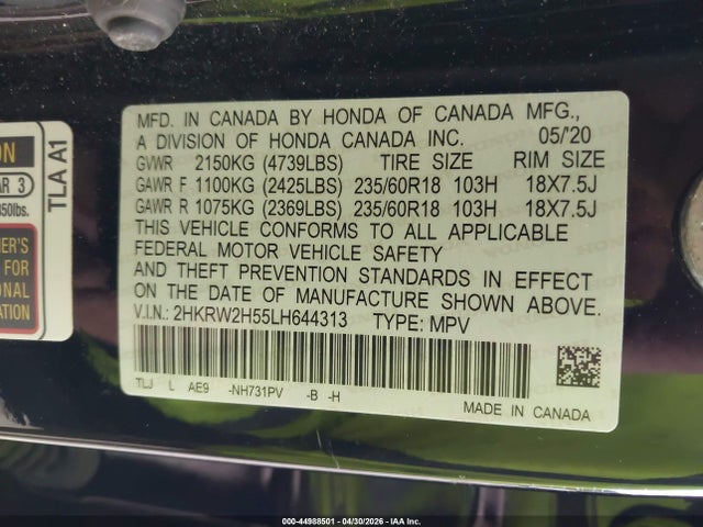 Продажа на аукционе авто 2020 Honda Cr-v Awd Ex, vin: 2HKRW2H55LH644313, номер лота: 44988501