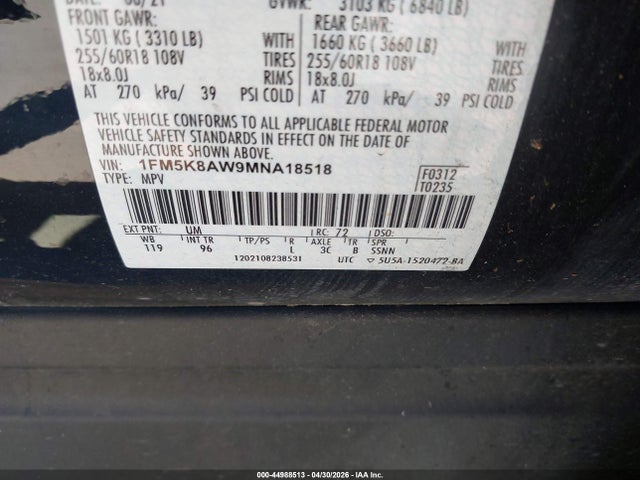 2021 Ford Police Interceptor Utility მანქანა იყიდება აუქციონზე, vin: 1FM5K8AW9MNA18518, აუქციონის ნომერი: 44988513