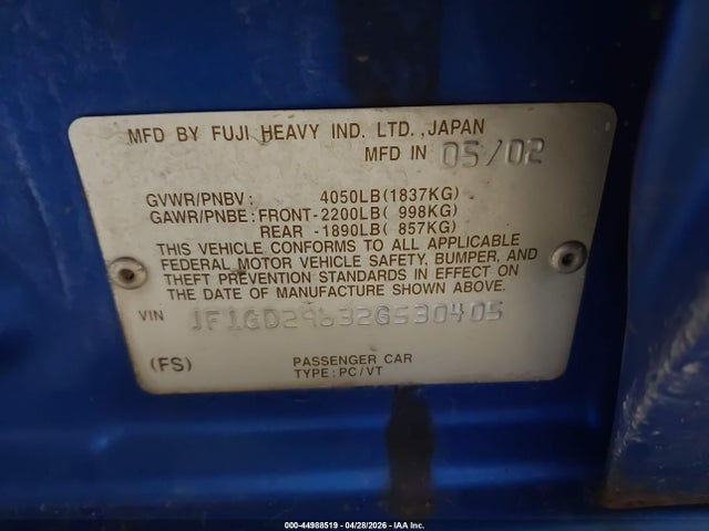 2002 Subaru Impreza Wrx მანქანა იყიდება აუქციონზე, vin: JF1GD29632G530405, აუქციონის ნომერი: 44988519