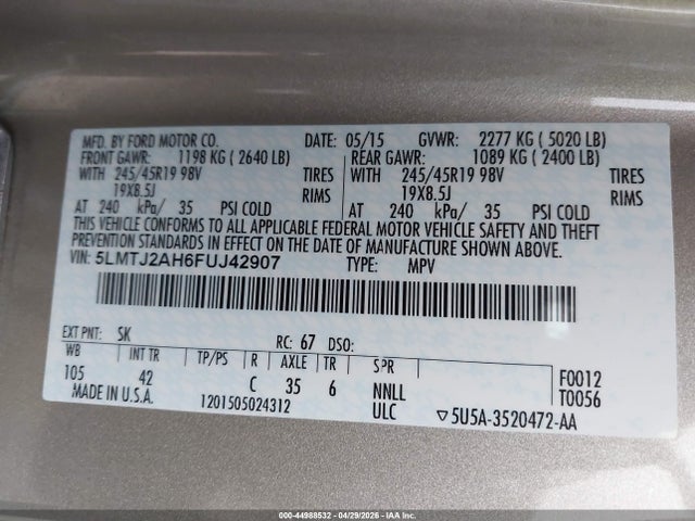 Aukcja sprzedaży 2015 Lincoln Mkc, vin: 5LMTJ2AH6FUJ42907, numer aukcji: 44988532