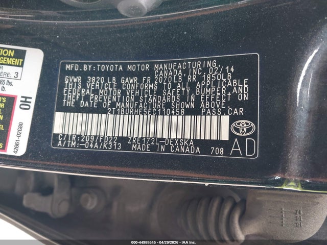 44988545 :رقم المزاد ، 2T1BURHE5EC110458 vin ، 2014 Toyota Corolla S Plus مزاد بيع