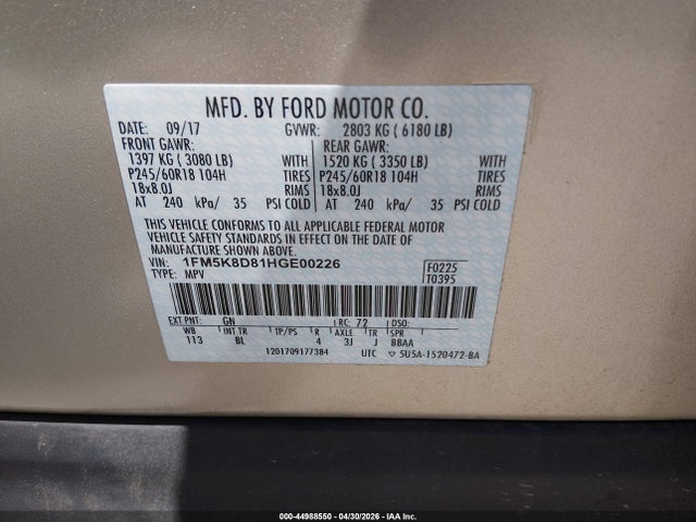 1FM5K8D81HGE00226 Ford EXPLORER XLT