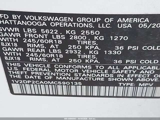 Продажа на аукционе авто 2021 Volkswagen Atlas 2.0t Se, vin: 1V2DP2CA0MC590135, номер лота: 44988563