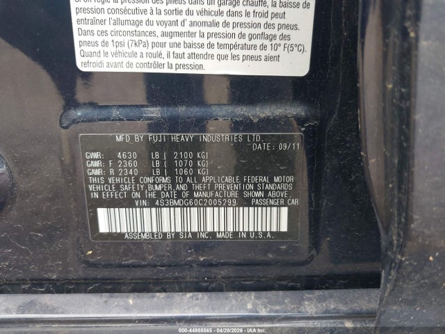 Aukcja sprzedaży 2012 Subaru Legacy 3.6r Premium, vin: 4S3BMDG60C2005299, numer aukcji: 44988565