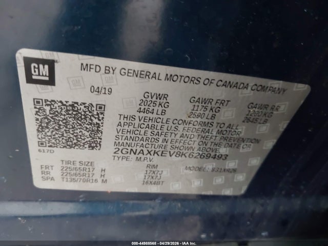 44988568 :رقم المزاد ، 2GNAXKEV8K6269493 vin ، 2019 Chevrolet Equinox Lt مزاد بيع