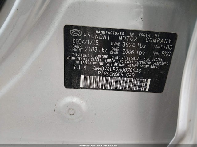 Aukcja sprzedaży 2017 Hyundai Elantra Se, vin: KMHD74LF7HU076643, numer aukcji: 44988569