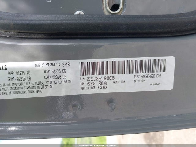 44988571 :رقم المزاد ، 2C3CDXBG2JH238938 vin ، 2018 Dodge Charger Sxt Rwd مزاد بيع