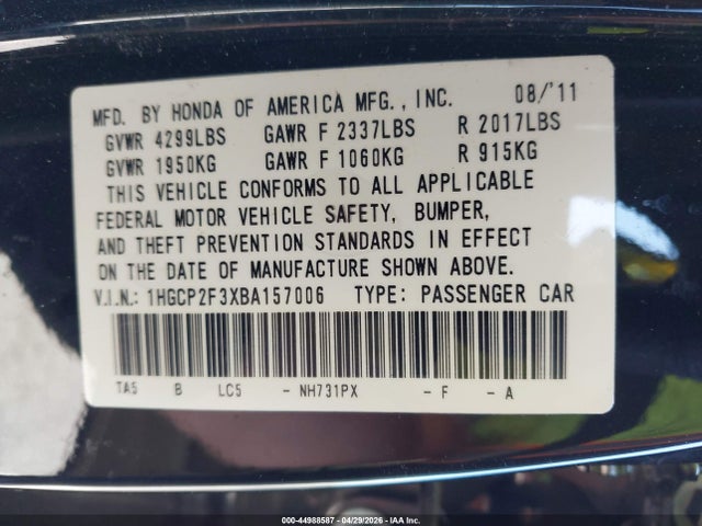 2011 Honda Accord 2.4 Lx მანქანა იყიდება აუქციონზე, vin: 1HGCP2F3XBA157006, აუქციონის ნომერი: 44988587