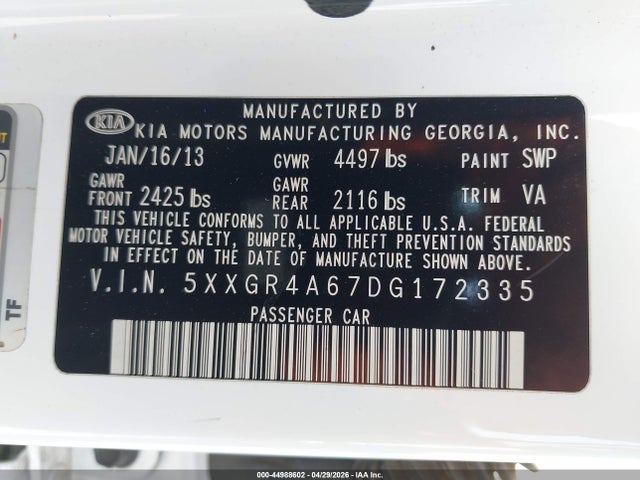 Продажа на аукционе авто 2013 Kia Optima Sx, vin: 5XXGR4A67DG172335, номер лота: 44988602