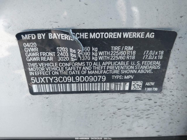 Продаж на аукціоні авто 2020 Bmw X3 Sdrive30i, vin: 5UXTY3C09L9D09079, номер лоту: 44988606