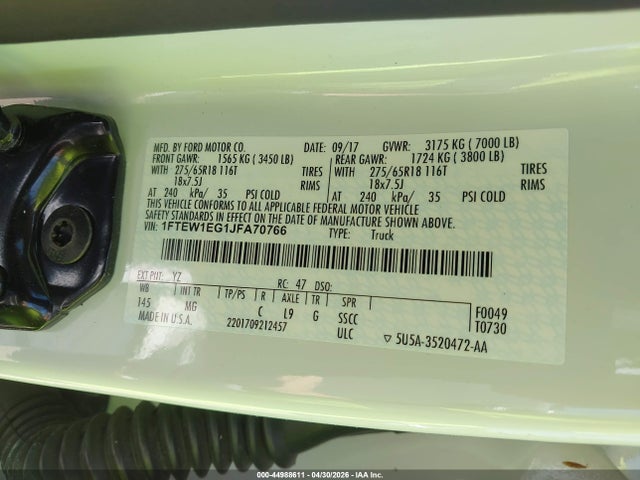 Aukcja sprzedaży 2018 Ford F-150 Xlt, vin: 1FTEW1EG1JFA70766, numer aukcji: 44988611