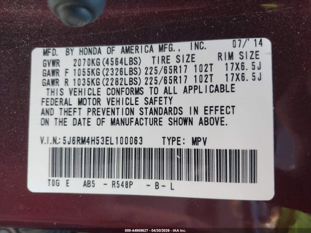Aukcja sprzedaży 2014 Honda Cr-v Ex, vin: 5J6RM4H53EL100063, numer aukcji: 44988627