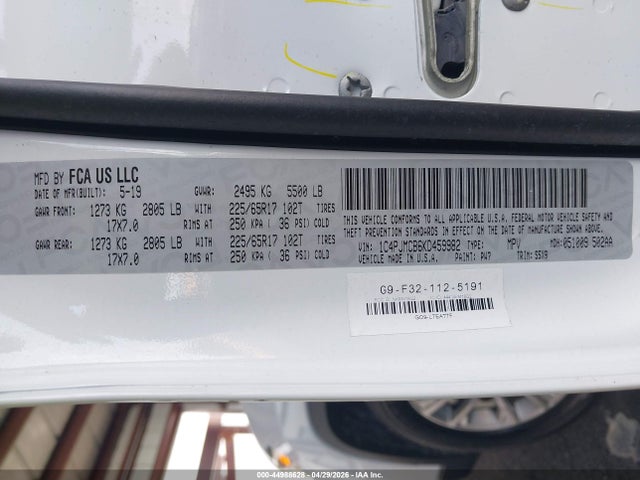 2019 Jeep Cherokee Latitude 4x4 მანქანა იყიდება აუქციონზე, vin: 1C4PJMCB6KD459982, აუქციონის ნომერი: 44988628