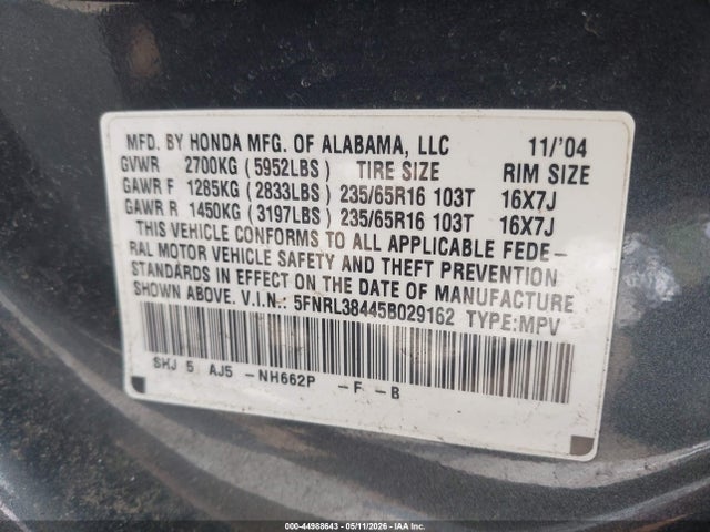 44988643 :رقم المزاد ، 5FNRL38445B029162 vin ، 2005 Honda Odyssey Ex مزاد بيع