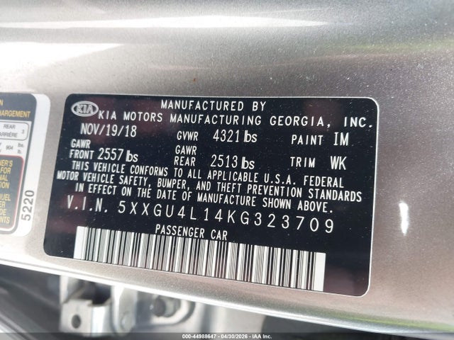 Продажа на аукционе авто 2019 Kia Optima Ex, vin: 5XXGU4L14KG323709, номер лота: 44988647