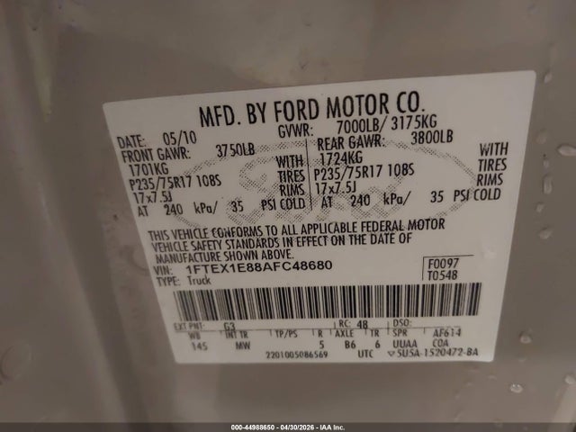 Aukcja sprzedaży 2010 Ford F-150 Stx/xl/xlt, vin: 1FTEX1E88AFC48680, numer aukcji: 44988650