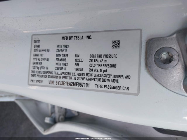 Tesla Model 3 Standard Range Plus Rear-wheel Drive 2021 5YJ3E1EA2MF067101 Image 9