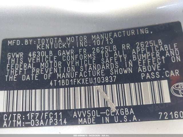 4T1BD1FKXEU103837 Toyota Camry Hybrid Xle