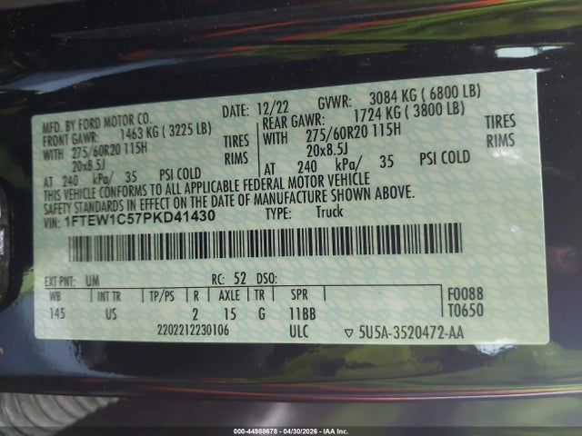 Продажа на аукционе авто 2023 Ford F-150 Xlt, vin: 1FTEW1C57PKD41430, номер лота: 44988678