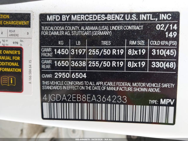 44988679 :رقم المزاد ، 4JGDA2EB8EA364233 vin ، 2014 Mercedes-benz Ml 350 Bluetec 4matic مزاد بيع