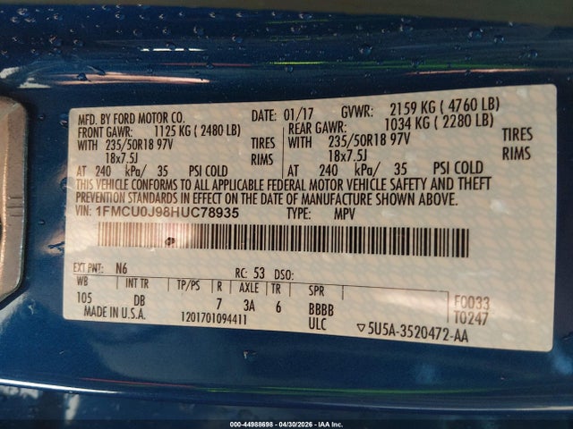 Продаж на аукціоні авто 2017 Ford Escape Titanium, vin: 1FMCU0J98HUC78935, номер лоту: 44988698