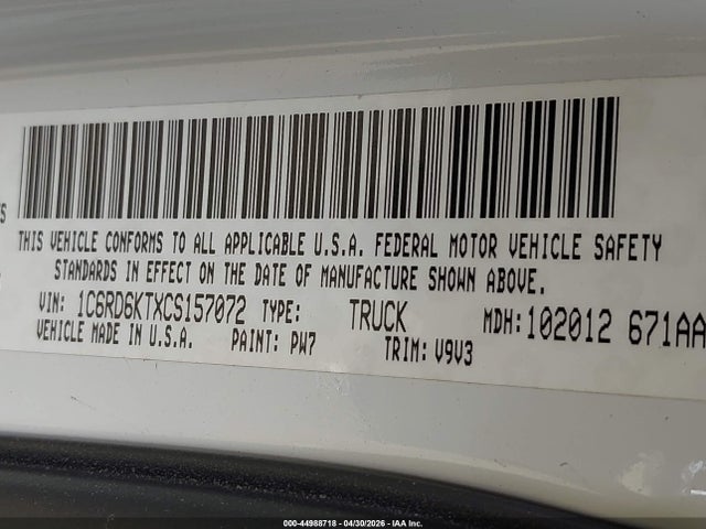 44988718 :رقم المزاد ، 1C6RD6KTXCS157072 vin ، 2012 Ram 1500 St مزاد بيع