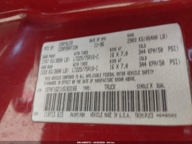 Aukcja sprzedaży 1997 Dodge Ram 1500 Lt, vin: 1B7HF16Z1VS163166, numer aukcji: 44988721