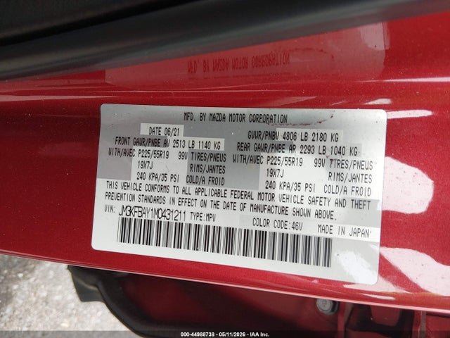 44988738 :رقم المزاد ، JM3KFBAY1M0431211 vin ، 2021 Mazda Cx-5 Grand Touring Reserve مزاد بيع