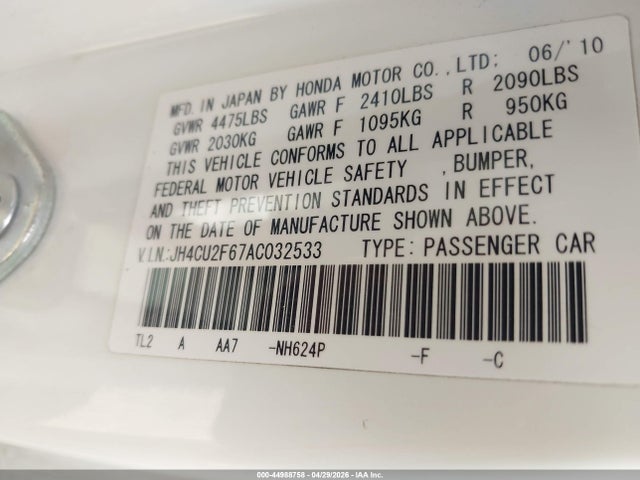 44988758 :رقم المزاد ، JH4CU2F67AC032533 vin ، 2010 Acura Tsx 2.4 مزاد بيع